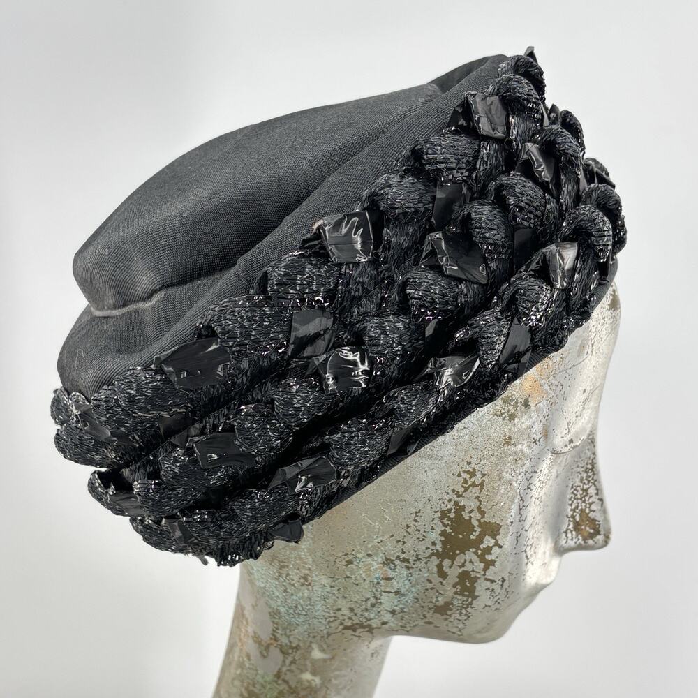 Vtg 1950s Black Raffia Straw Pillbox Hat Woven Ribbon Trim Union Made USA